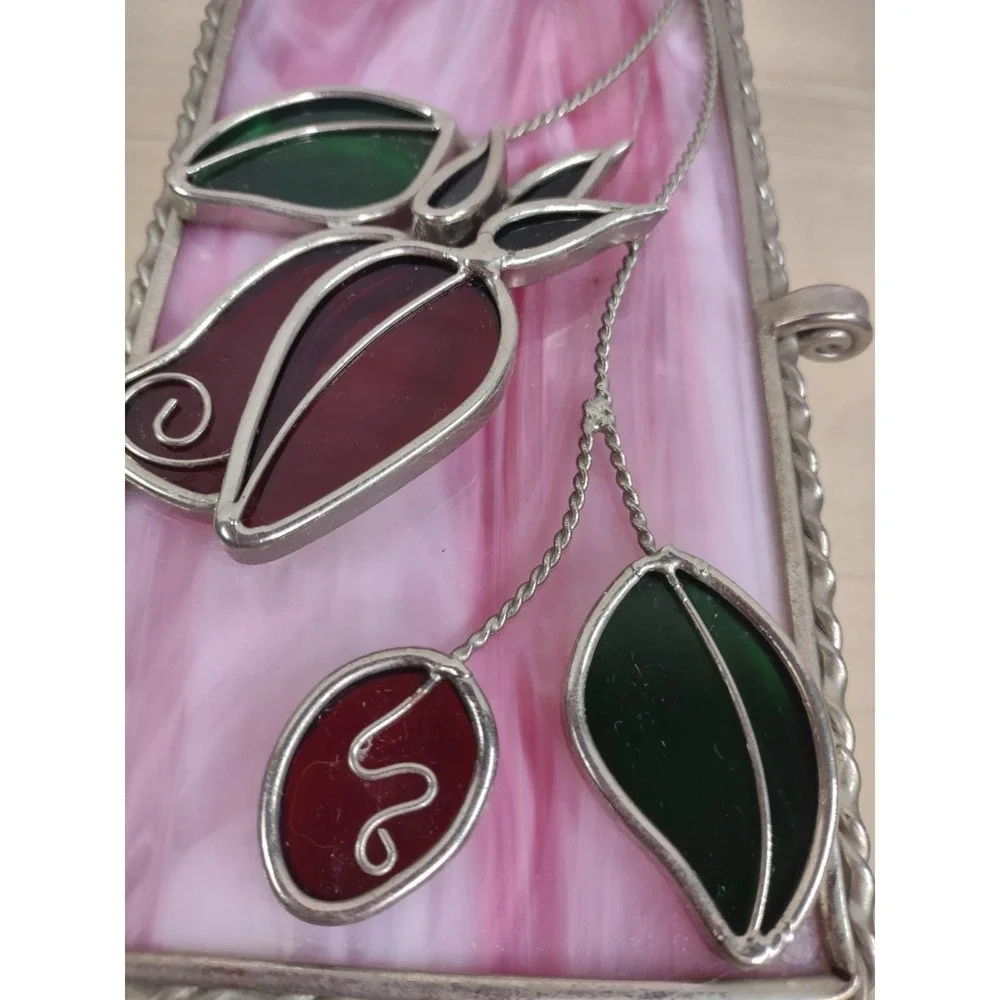 Vtg Stained Pink Slag Glass Jewelry Storage Box Red Roses 3D Lid